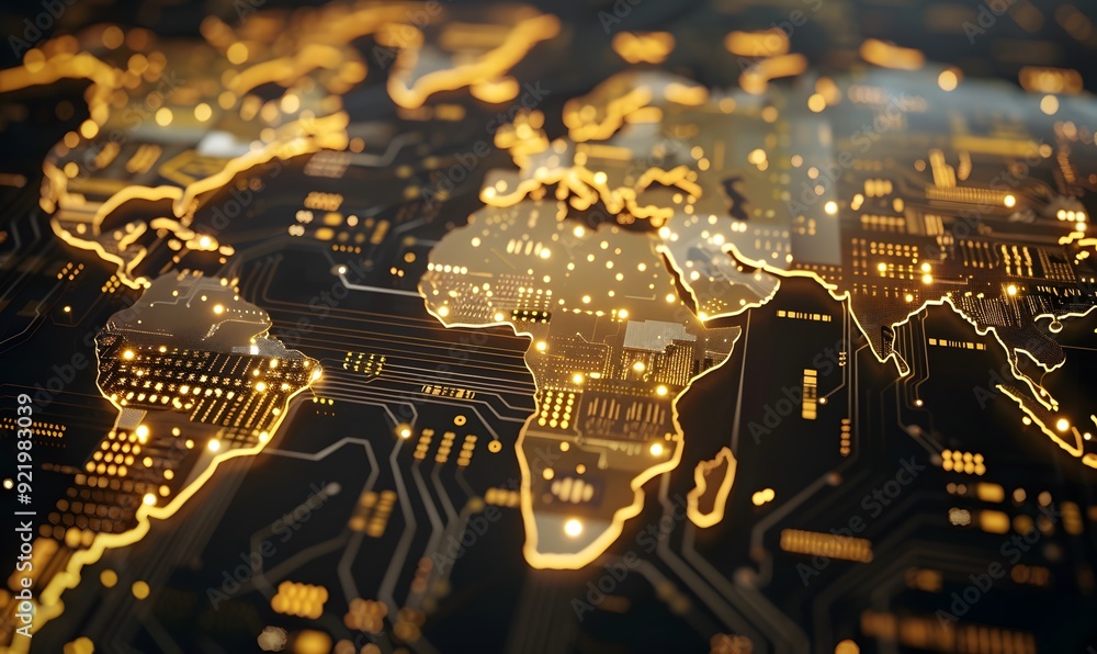 Poster digital world map made of circuit board golden lines and glowing lights. symbolizing global connecti