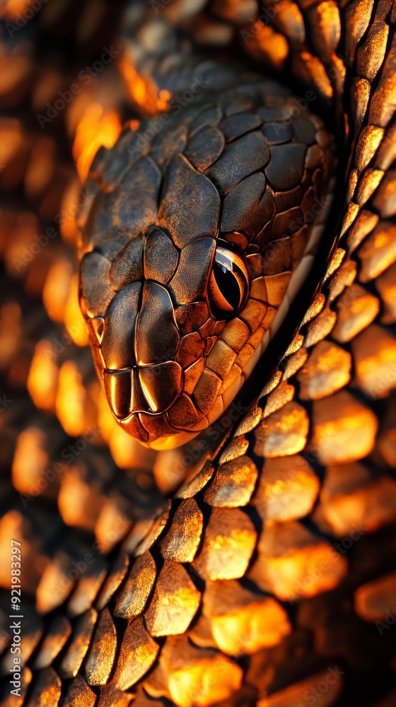 Poster snake is coiling up while enjoying warmth of setting sun