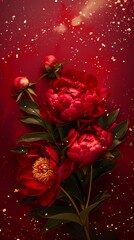 Obraz premium Traditional red gold peony illustration poster background 