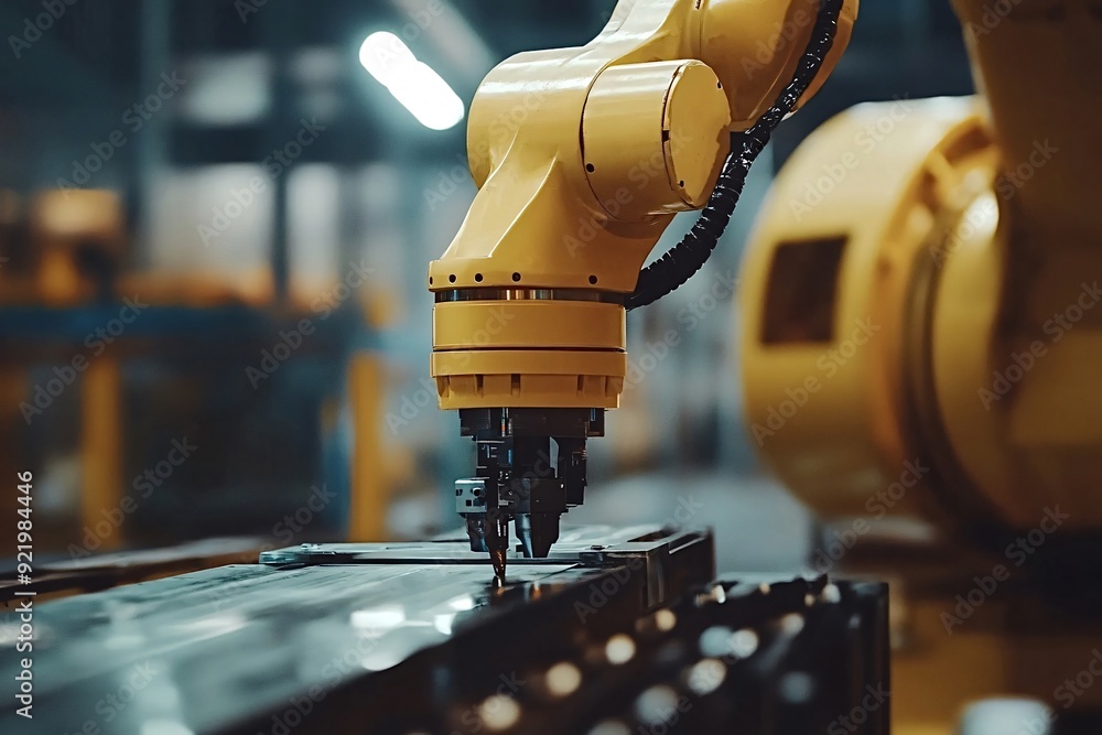 Poster industrial robot arm is operating on a metal part in a factory