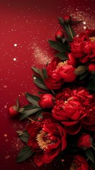 Traditional red gold peony illustration poster background
