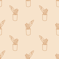Fototapeta premium Stationery Doodle Seamless Pattern. Hand drawn elegant beige background with line pen holder. Writing supplies stand. Simplicity. Vector illustration