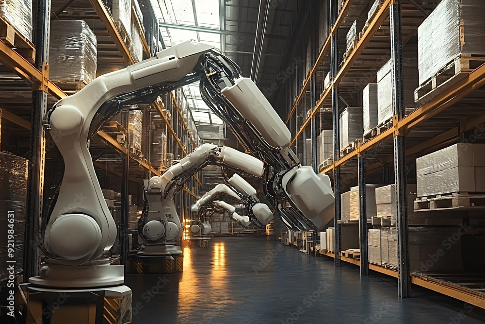 Poster modern warehouse using robotic arms to move boxes, improving efficiency and productivity