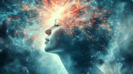 Obraz premium Synergies and Lights of human mind, person radiating spiritual and vibrational energy with big aura