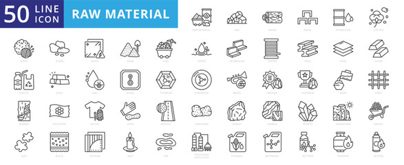 Raw material icon set with ore, wood, metal, petroleum, cotton, wool, plastic, rubber, clay, stone, glass and sand.