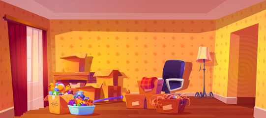 Personal stuff in cardboard boxes ready for house moving. Cartoon vector illustration of packages and furniture pile in empty unfurnished room interior for home relocation and delivery services.
