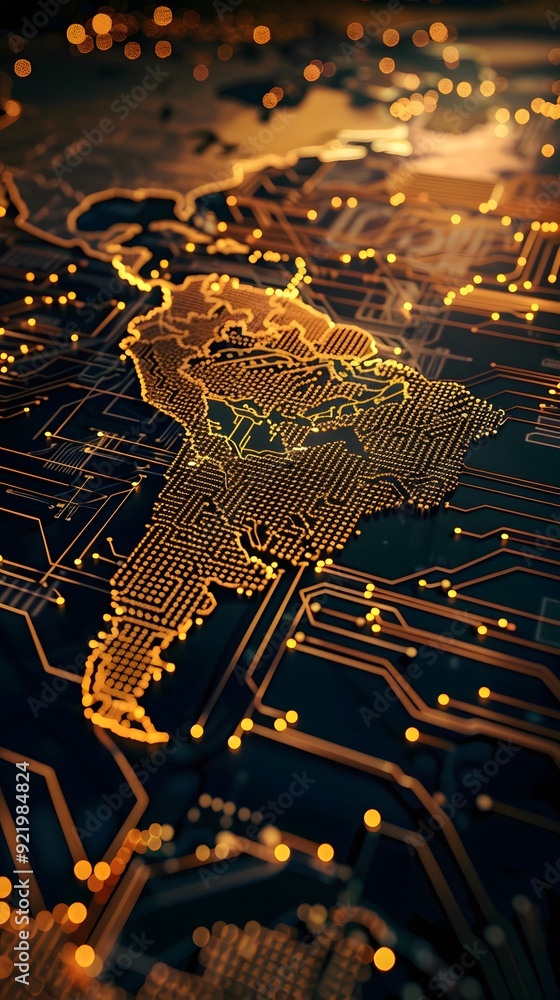 Poster digital world map made of circuit board golden lines and glowing lights. symbolizing global connecti