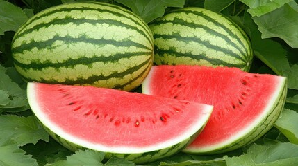 Freshly sliced watermelons at a bustling market stand inviting shoppers to enjoy a refreshing summer treat