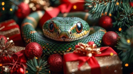 Green snake resting on christmas presents surrounded by red christmas ornaments