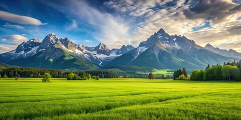 Obraz premium Green field with majestic mountains in the background, nature, landscape, outdoor, environment, scenic, hills, peaceful, tranquil