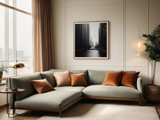 The living room is beautifully decorated, with light falling on it.AI generated