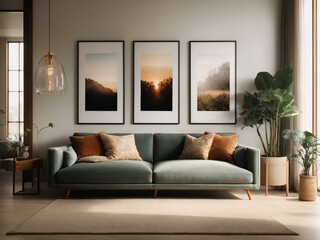 The living room is beautifully decorated, with light falling on it.AI generated