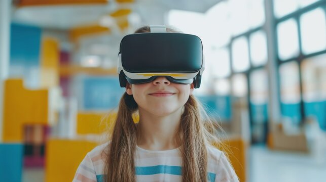 Portrait of schoolgirl with VR headset on head. Children learning robotics in Elementary school, using modern technology, virtual reality.