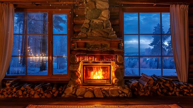 Warm fireplace in cozy wooden cabin overlooking snowy winter landscape. Home comfort concept. Seamless looping time-lapse video background.