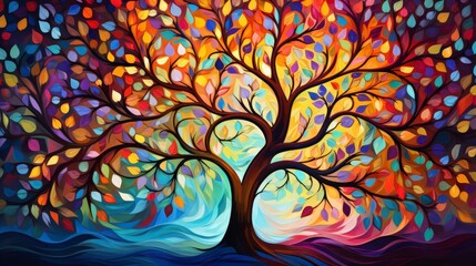 A vibrant tree with colorful leaves against a swirling background, symbolizing nature's beauty.