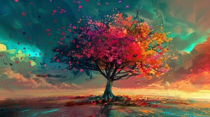 A vibrant tree with colorful leaves, surrounded by swirling hues and floating petals.