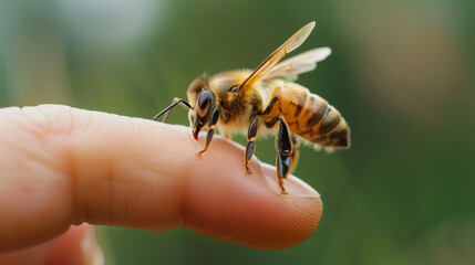 Honey bee on man's finger