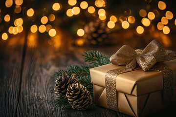 Christmas golden gift boxes on a shiny festive background. New Year present holiday concept