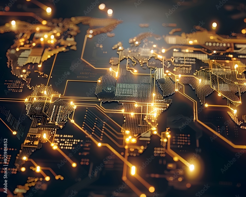 Poster digital world map made of circuit board golden lines and glowing lights. symbolizing global connecti