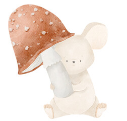 Cute mouse watercolor, baby woodland animal, forest kid mouse illustration, autumn harvest png, mushroom animal cartoon