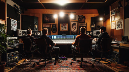 Fototapeta premium In a brightly lit recording studio, five men are sitting intently around a large mixing console surrounded by microphones and headphones. Acoustic panels and posters on the walls create 