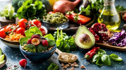 A vibrant array of fresh vegetables, fruits, and herbs arranged for a healthy meal preparation.