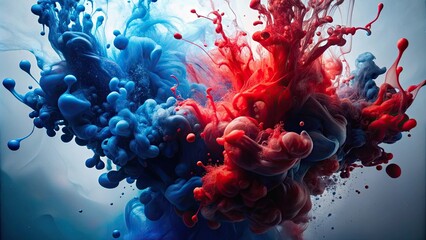 Fototapeta premium Dark blue and red ink color drops spreading in water, ink, color, drop, dark blue, red, liquid, paint, mixing, abstract