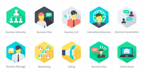 A set of 10 Communication icons as business hierarchy, business chat, business call