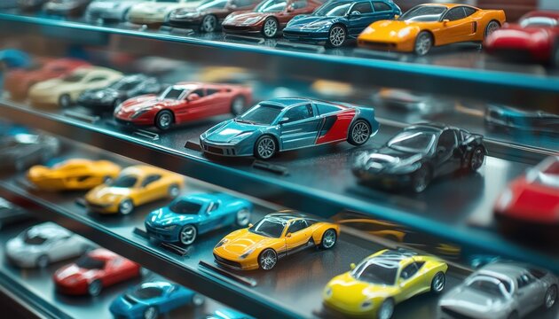Display of colorful toy cars arranged on shelves in a collector's showcase