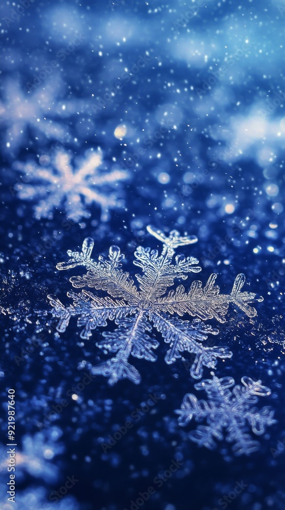 Poster snowflake sparkling on blue background with falling snow