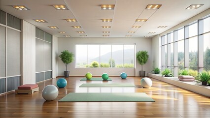 Illustrative minimalist interior of a bright and soft gym and yoga studio, fitness, exercise, wellness, health, meditation