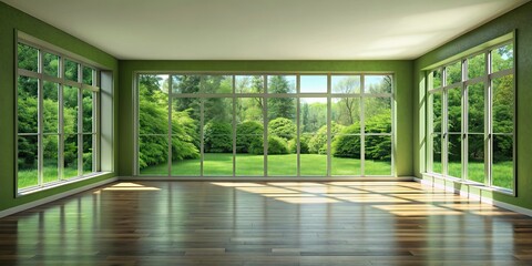 Fototapeta premium Green empty room with large windows overlooking a lush garden , modern, residential, hotel, homestay, interior, space
