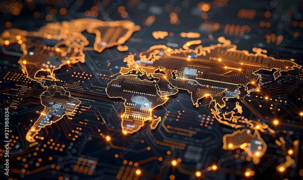 Poster digital world map made of circuit board golden lines and glowing lights. symbolizing global connecti