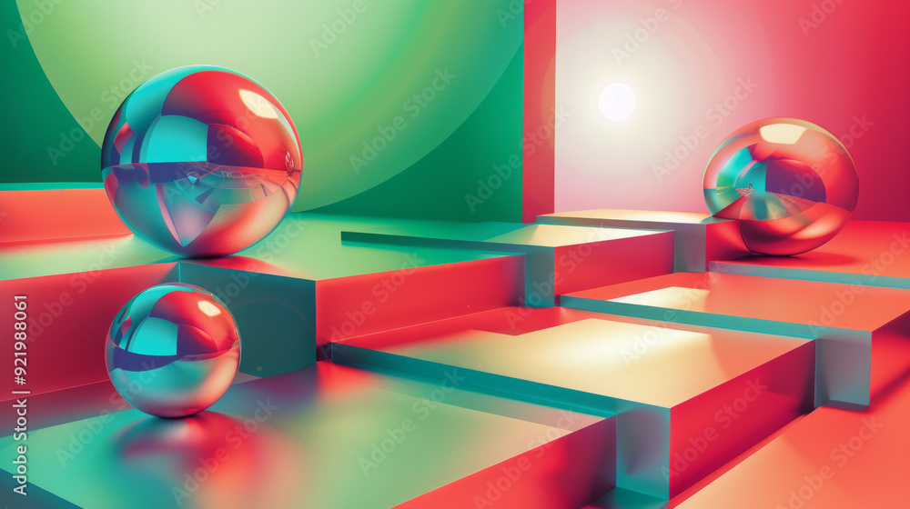 Aufkleber illustration of colorful geometric shapes of smooth and shiny spheres on steps of square platforms a