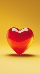 Fototapeta premium Red glass heart casting shadow on yellow background