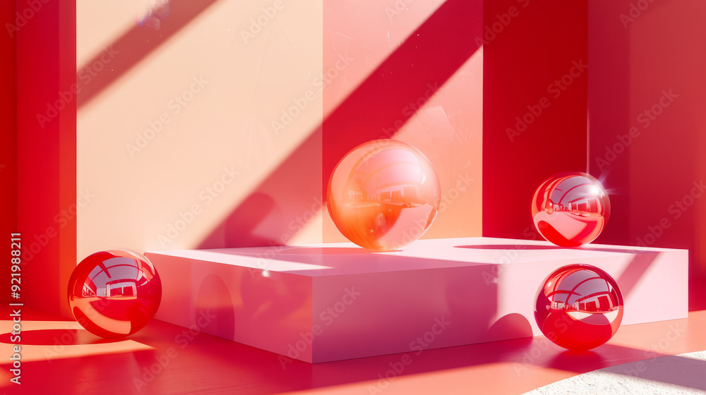 Poster illustration of geometric shapes and forms of shiny spheres on square platform near wall in red and 
