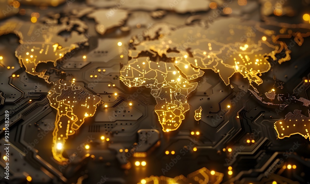 Poster digital world map made of circuit board golden lines and glowing lights. symbolizing global connecti
