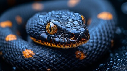 Fototapeta premium Black snake with yellow stripes coiling on wet surface