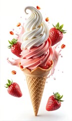 Strawberry Flavour Ice Cream Cone with Swirls and Whipped Delights with Toppings: A Cold and Creamy Frozen Dessert in a Crispy Wafer
