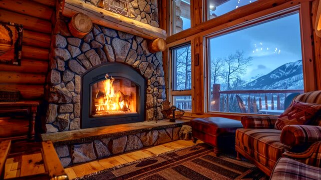 Nighttime cozy cabin with fireplace and snowy view through large window. Winter relaxation concept. Seamless looping time-lapse video background.
