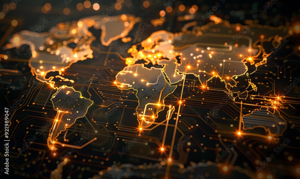 Poster digital world map made of circuit board golden lines and glowing lights. symbolizing global connecti