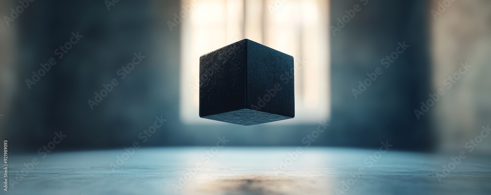 Poster black cube floating in a room with a light coming through the window