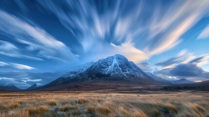 Fototapeta premium A long exposure capturing the movement of clouds over a mountain landscape, creating a dynamic scene
