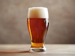 Close up Shot of Freshly Poured Amber Beer Filling a Glass on a Rustic Wooden Table