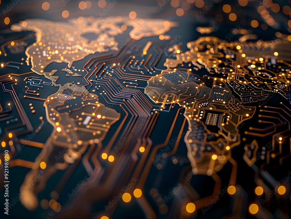Poster digital world map made of circuit board golden lines and glowing lights. symbolizing global connecti