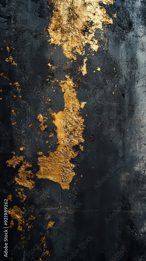 Poster gold leaf flakes falling on black background creating abstract texture
