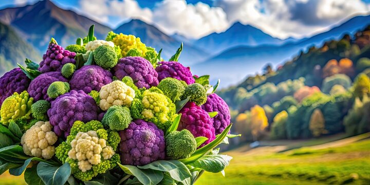 Vibrant vegetable bouquet with purple and green cauliflowers against a mountain backdrop, vegetables