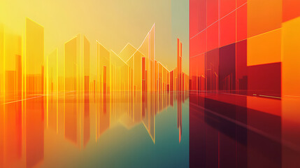 Fototapeta premium A background with orange and yellow gradient colors, featuring abstract financial graphs and buildings.