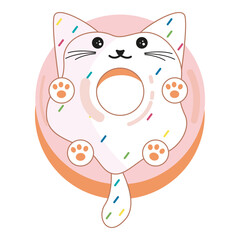 Cute Cat Donut Character. Kids Coloring Pages, White Glaze with confetti on donut. Isolated Vector illustration EPS. Bakery illustration design for print or web.