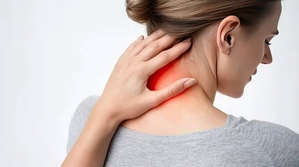 Fototapeta premium A woman experiencing neck pain and discomfort while holding the back of her head, set against a clean white background during daylight